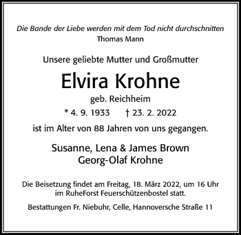 Traueranzeige von Elvira Krohne von Cellesche Zeitung