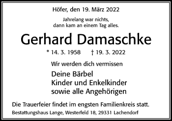 Traueranzeige von Gerhard Damaschke von Cellesche Zeitung