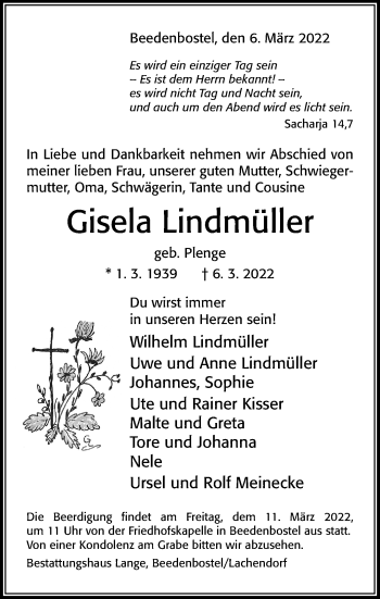 Traueranzeige von Gisela Lindmüller von Cellesche Zeitung