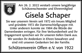 Traueranzeige von Gisela Schaper von Cellesche Zeitung