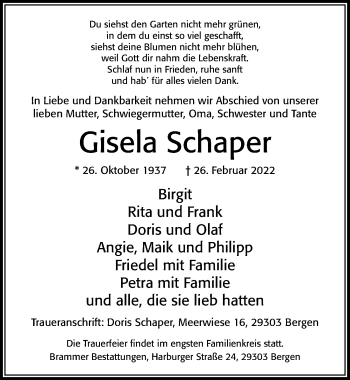 Traueranzeige von Gisela Schaper von Cellesche Zeitung