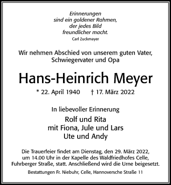 Traueranzeige von Hans-Heinrich Meyer von Cellesche Zeitung