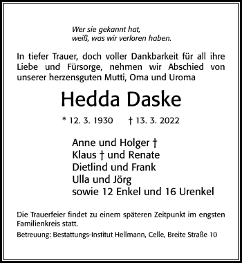 Traueranzeige von Hedda Daske von Cellesche Zeitung