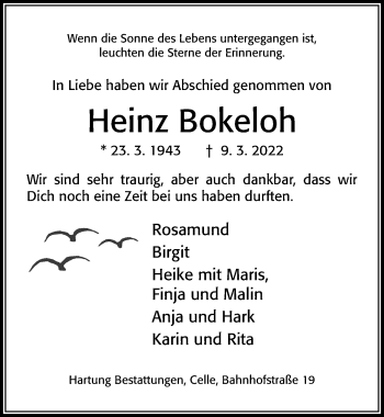 Traueranzeige von Heinz Bokeloh von Cellesche Zeitung