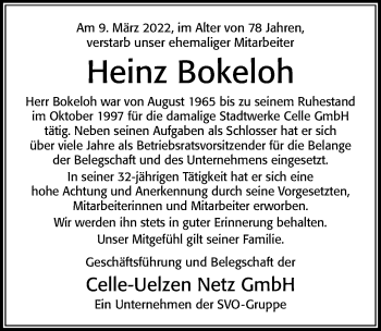 Traueranzeige von Heinz Bokeloh von Cellesche Zeitung