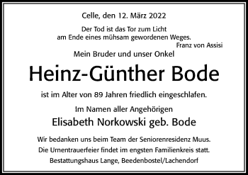 Traueranzeige von Heinz-Günther Bode von Cellesche Zeitung