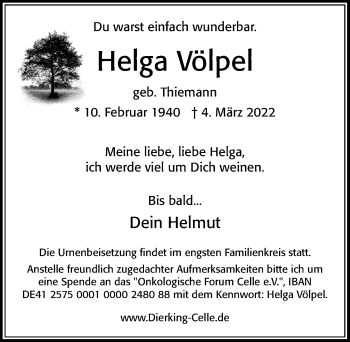 Traueranzeige von Helga Völpel von Cellesche Zeitung