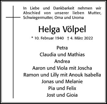 Traueranzeige von Helga Völpel von Cellesche Zeitung
