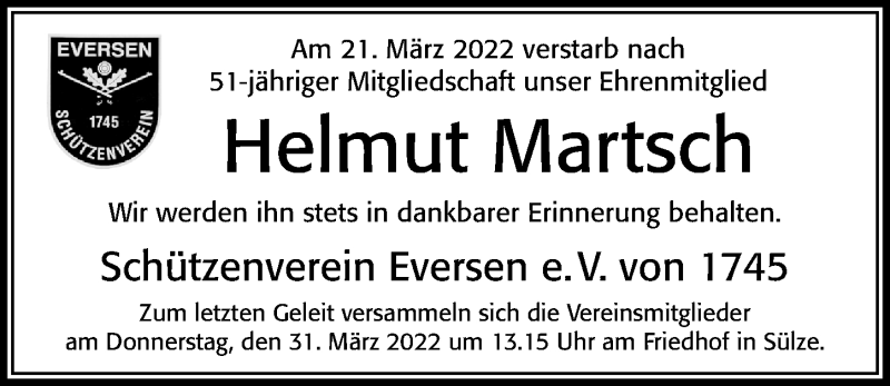  Traueranzeige für Helmut Martsch vom 26.03.2022 aus Cellesche Zeitung