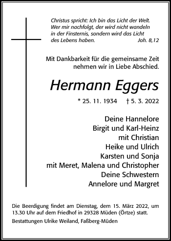 Traueranzeige von Hermann Eggers von Cellesche Zeitung