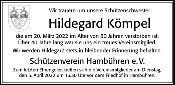 Traueranzeige von Hildegard Kömpel von Cellesche Zeitung