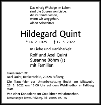 Traueranzeige von Hildegard Quint von Cellesche Zeitung