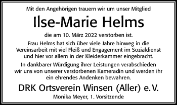 Traueranzeige von Ilse-Marie Helms von Cellesche Zeitung