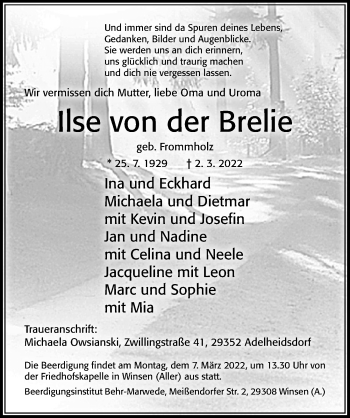 Traueranzeige von Ilse von der Brelie von Cellesche Zeitung