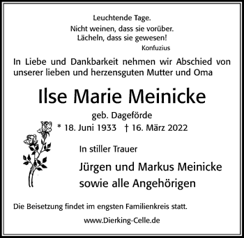 Traueranzeige von Ilse Marie Meinicke von Cellesche Zeitung