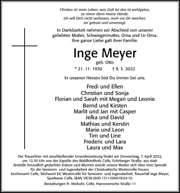 Traueranzeige von Inge Meyer von Cellesche Zeitung