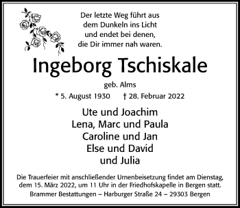 Traueranzeige von Ingeborg Tschiskale von Cellesche Zeitung