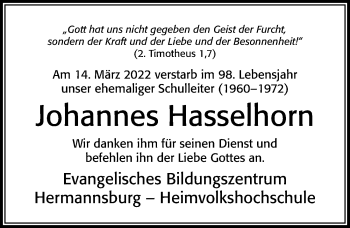 Traueranzeige von Johannes Hasselhorn von Cellesche Zeitung