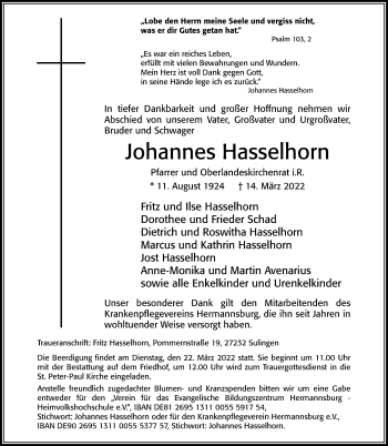 Traueranzeige von Johannes Hasselhorn von Cellesche Zeitung