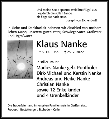 Traueranzeige von Klaus Nanke von Cellesche Zeitung