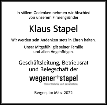 Traueranzeige von Klaus Stapel von Cellesche Zeitung