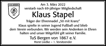 Traueranzeige von Klaus Stapel von Cellesche Zeitung