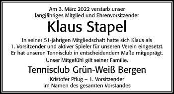 Traueranzeige von Klaus Stapel von Cellesche Zeitung