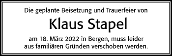 Traueranzeige von Klaus Stapel von Cellesche Zeitung