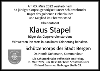 Traueranzeige von Klaus Stapel von Cellesche Zeitung