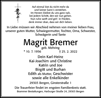 Traueranzeige von Magrit Bremer von Cellesche Zeitung