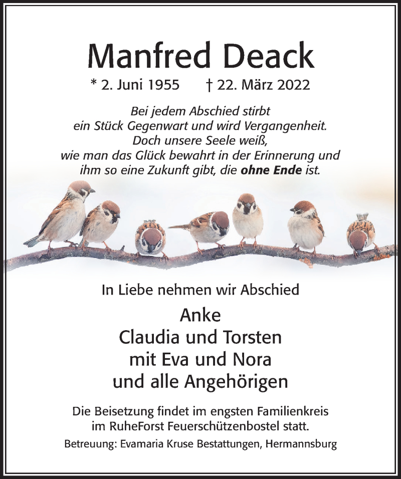  Traueranzeige für Manfred Deack vom 26.03.2022 aus Cellesche Zeitung