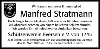 Traueranzeige von Manfred Stratmann von Cellesche Zeitung