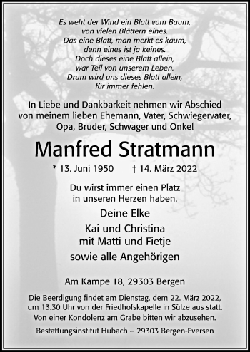 Traueranzeige von Manfred Stratmann von Cellesche Zeitung