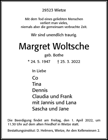 Traueranzeige von Margret Woltsche von Cellesche Zeitung