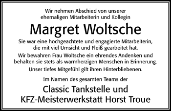 Traueranzeige von Margret Woltsche von Cellesche Zeitung