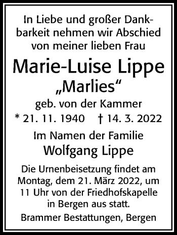 Traueranzeige von Marie-Luise Lippe von Cellesche Zeitung