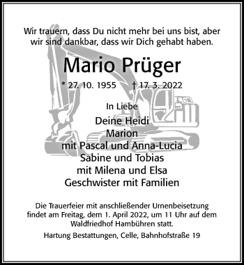 Traueranzeige von Mario Prüger von Cellesche Zeitung