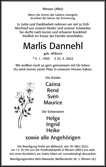 Traueranzeige von Marlis Dannehl von Cellesche Zeitung