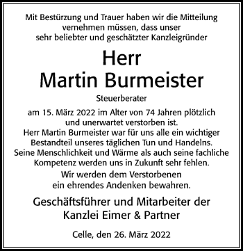 Traueranzeige von Martin Burmeister von Cellesche Zeitung