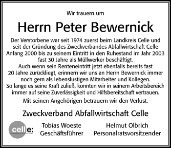 Traueranzeige von Peter Bewernick von Cellesche Zeitung