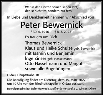 Traueranzeige von Peter Bewernick von Cellesche Zeitung