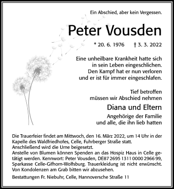 Traueranzeige von Peter Vousden von Cellesche Zeitung