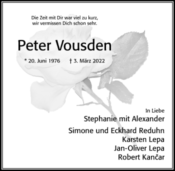 Traueranzeige von Peter Vousden von Cellesche Zeitung