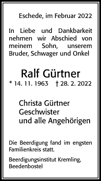 Traueranzeige von Ralf Gürtner von Cellesche Zeitung