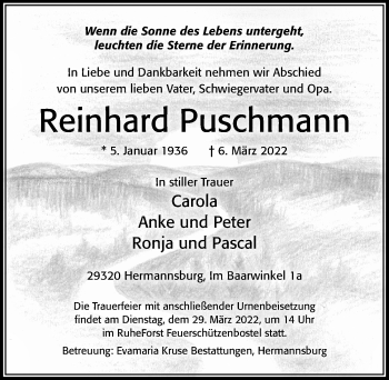 Traueranzeige von Reinhard Puschmann von Cellesche Zeitung