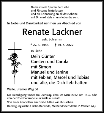 Traueranzeige von Renate Lackner von Cellesche Zeitung