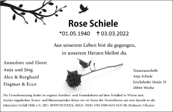 Traueranzeige von Rose Schiele von Cellesche Zeitung