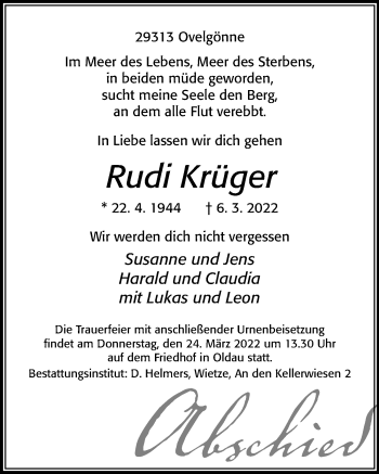 Traueranzeige von Rudi Krüger von Cellesche Zeitung