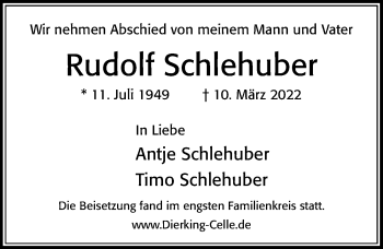 Traueranzeige von Rudolf Schlehuber von Cellesche Zeitung
