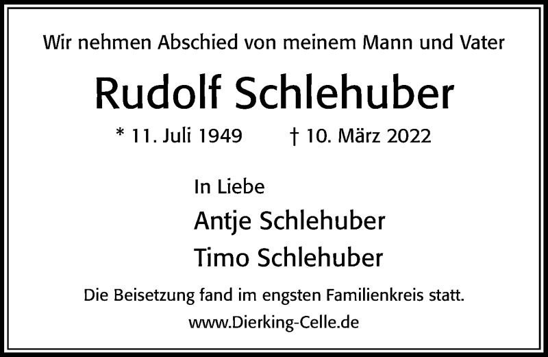  Traueranzeige für Rudolf Schlehuber vom 30.03.2022 aus Cellesche Zeitung